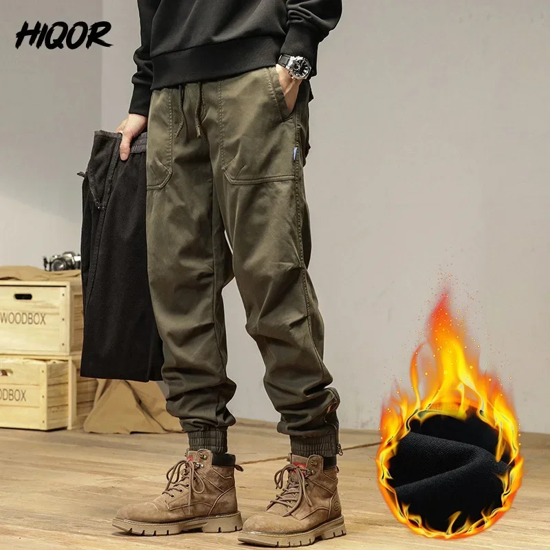 

HIQOR Large Pocket Baggy Cargo Pants Winter Fleece Loose Overalls Autumn Men's Cotton Cargo Man Trousers Y2k Vintage Streetwear