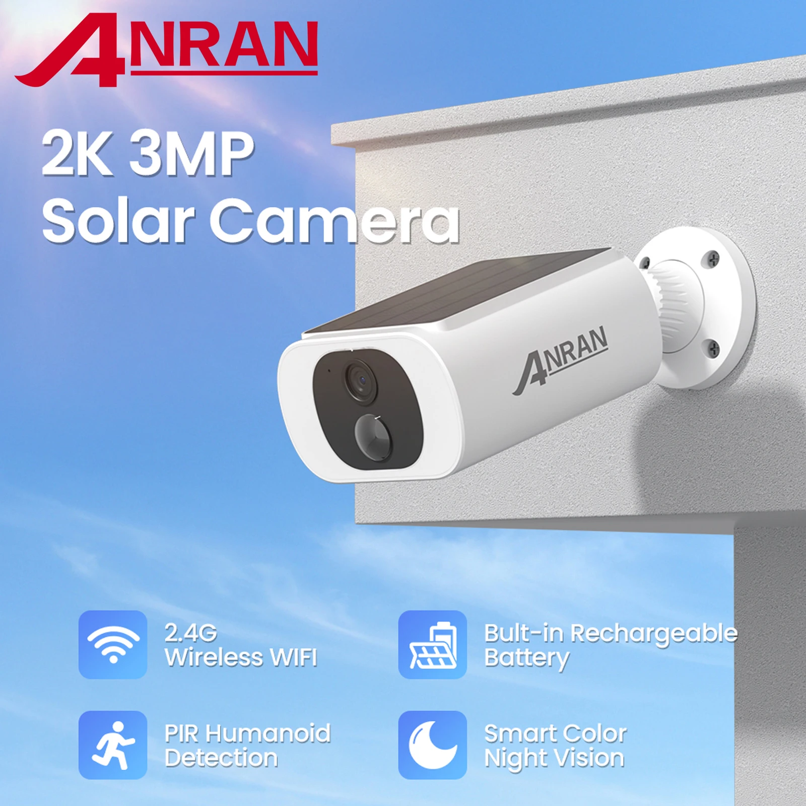 ANRAN Outdoor Solar Security Camera with Battery 3MP 2.4G WIFI Camera Battery Cloud Storage Color Night Vision Can't Add NVR
