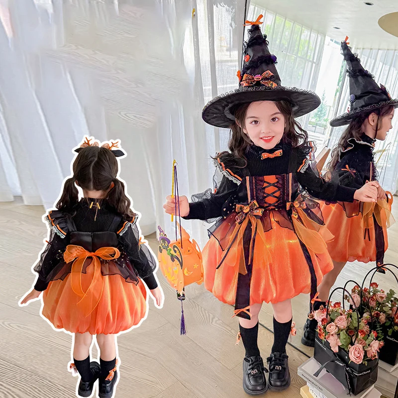 Halloween Glowing Lolita Princess Dress Pumpkin Fluffy Skirt Cute Girl Bow Decoration Ball Gown Layered Dress Kids Costume