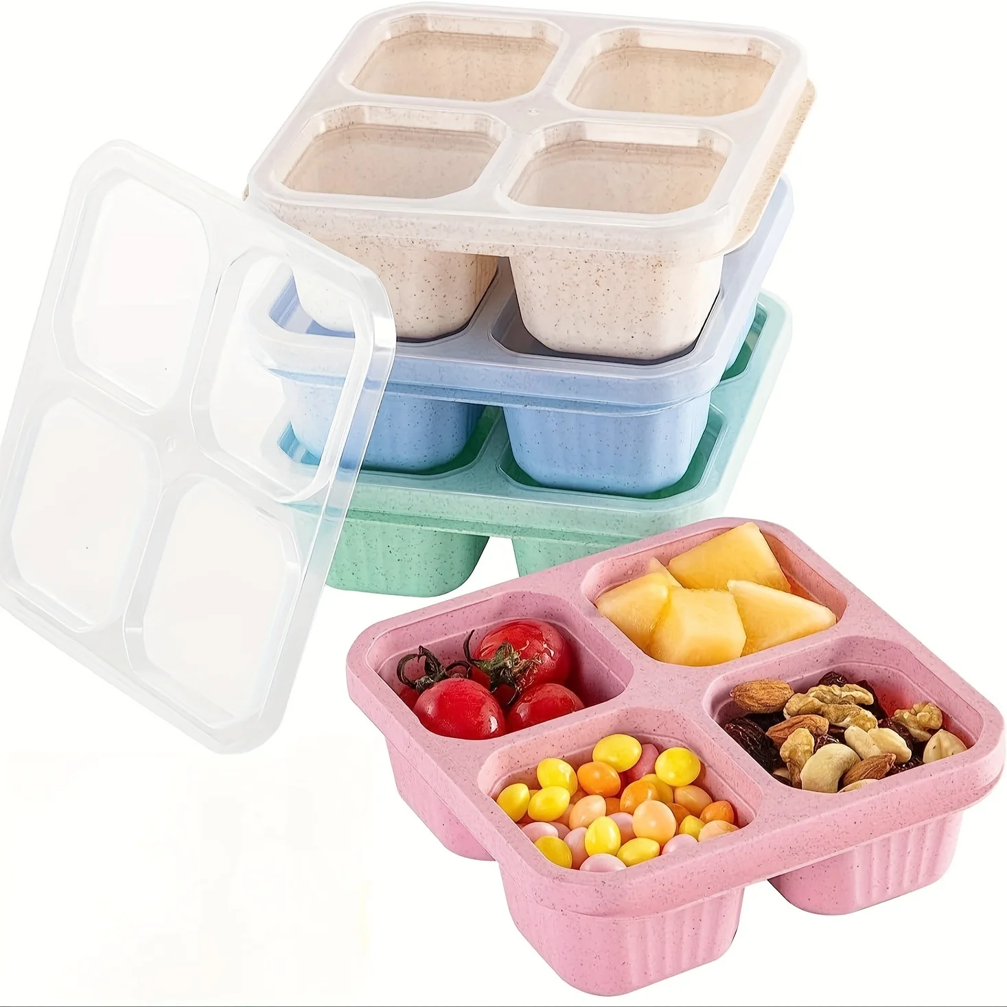 

1pc Large Capacity Wheat Straw Bento Box - Four-Grid Transparent Cover, Fresh Snack Dish for School, Camping, and Outdoor Activi