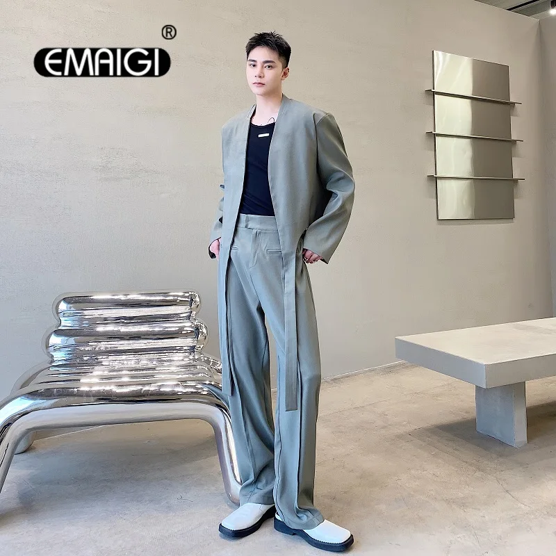 

Suits for Men Korean Streetwear Fashion Loose Casual Blazer Suit Jacket Straight Pants Sets Blazers Trousers Male Stage Clothing