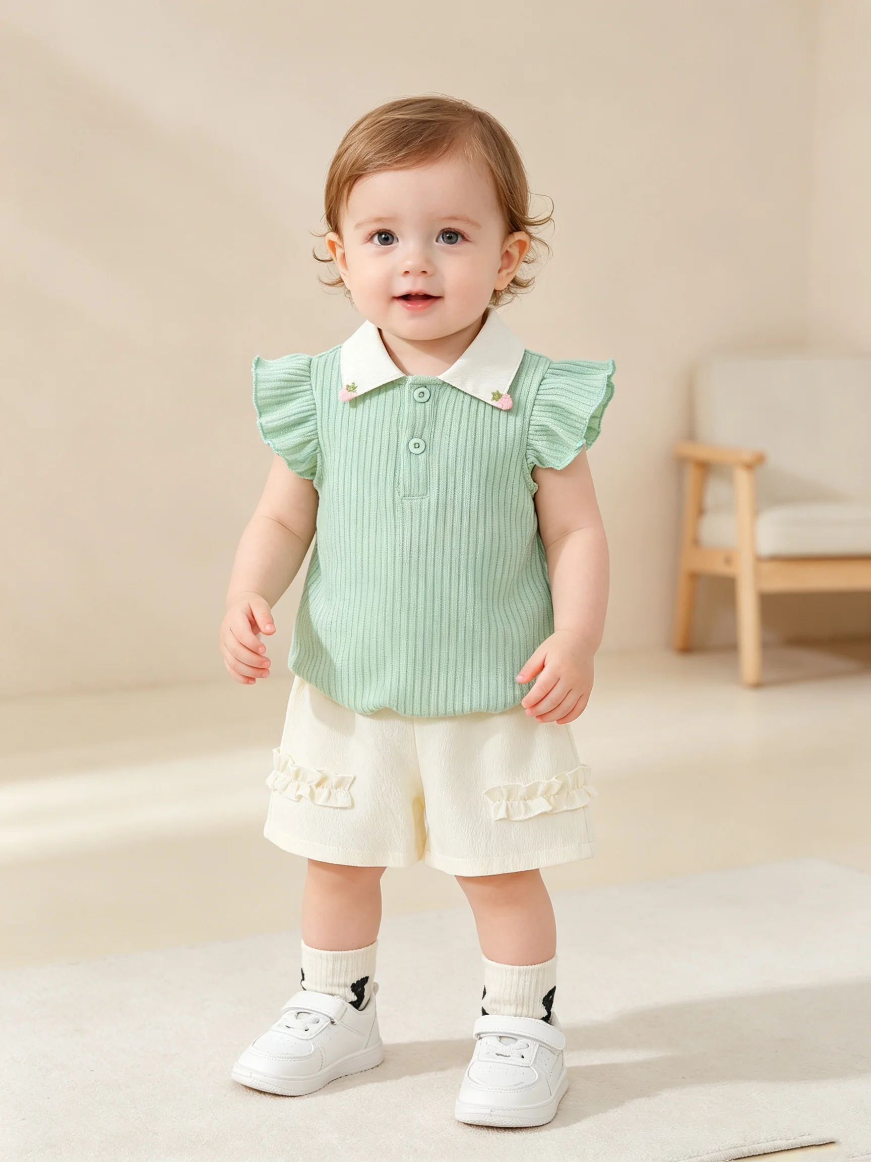 Girls Summer Polo Two-Piece Set Color Block Collar Short Sleeve Top + Pleated Shorts Outfit for Baby Girls