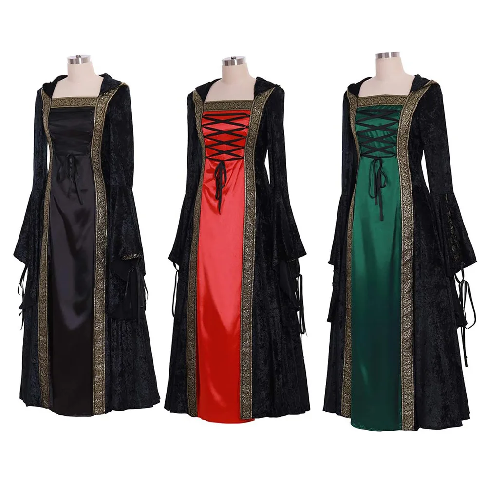 

Medieval Renaissance Queen Vampire Witch Cosplay Gothic Retro Court Victoria Women Witch Hooded Square Collar Halloween Dress