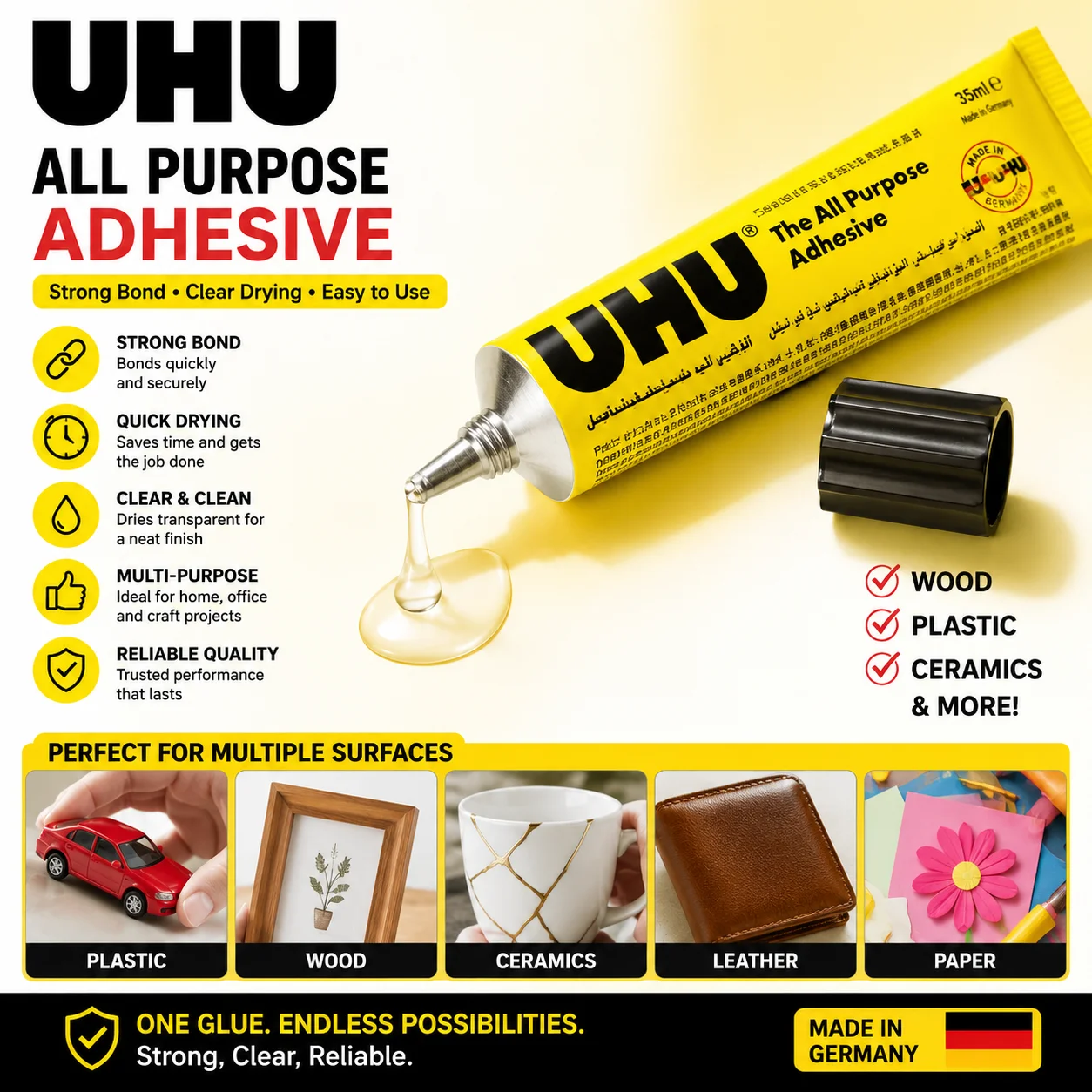 Premium German UHU Super Glue Heavy‑Duty Soft Adhesive Excellent Toughness for Model Textile Porcelain Paper Metal
