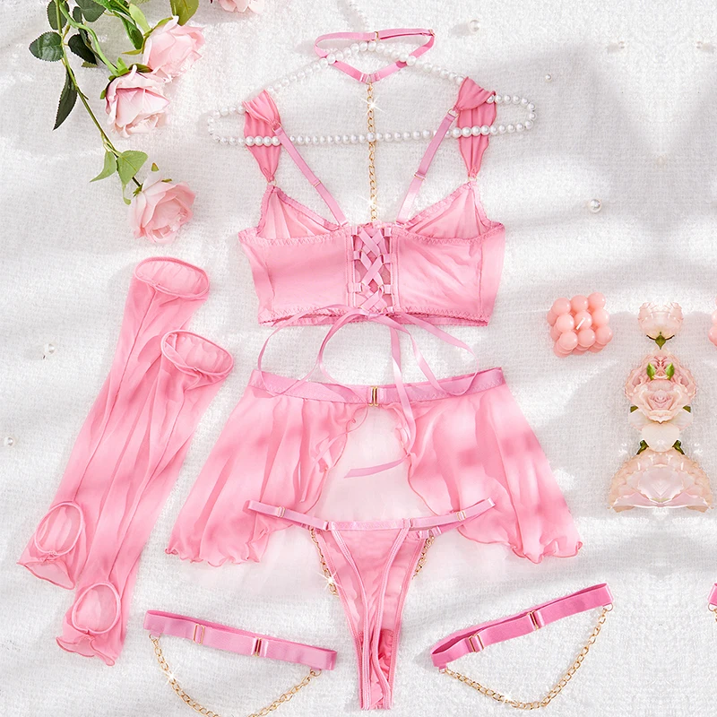 New Neck Sexy Chain Thong Bra Steel Ring Sweet INS Girl Pink Underwear Set of Five Lingerie for Women Bra and Panty Set
