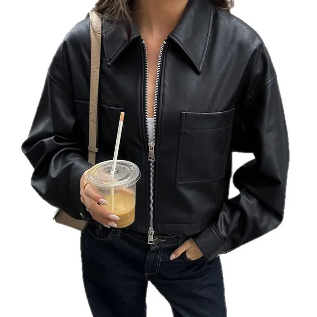 Giacca in pelle con colletto di fascia alta opaca 2025 Autunno e inverno Nuova giacca corta ampia e snellente