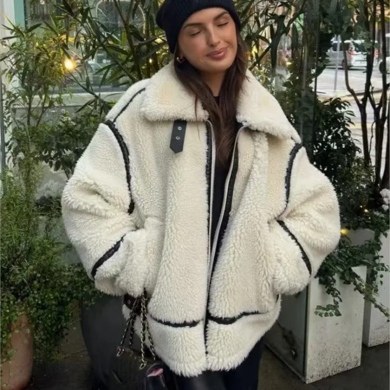 2024 Women's Chic Casual Thickened Warm Jacket Fashion Contrast Color Stitching Zipper Lapel Lamb Wool Jacket Women's Chic Coat