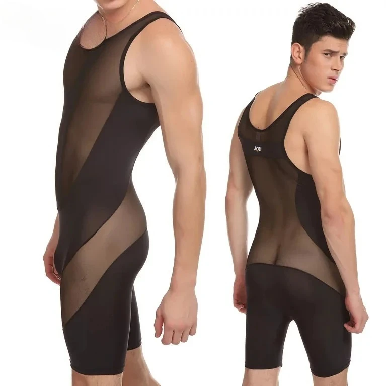 Men Mesh Splice Bodysuit Nylon Sheer Sleeveless Racerback Mid Thigh Jumpsuit Sexy See Through Stretch Lingerie For Male