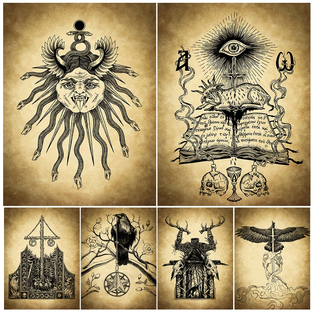 

Pentacles And Swords,Apocalyptic Lamb,Abstract Gothic Ink Illustration Wall Art Print,Pagan Witchcraft Art Poster Print Decor