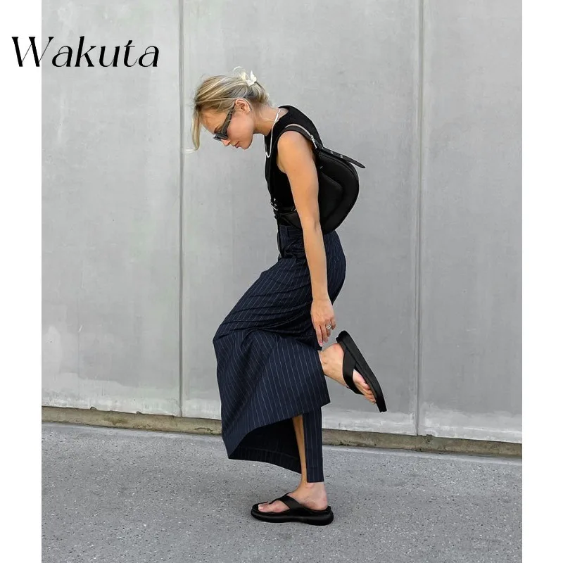 WAKUTA American Retro Slim High-waisted Striped Bustier Skirt Fall Fashion Classic Split Straight Bustier Long Skirt 니트 스커트