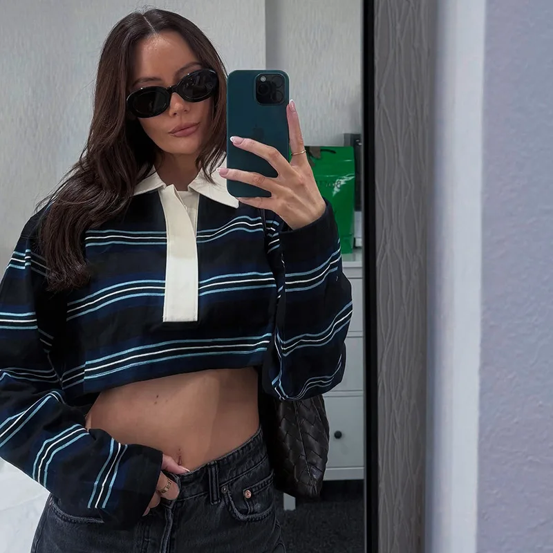 AW Faionable Casual Slim Fit Striped Long Sve Tirt Belly Button Baring Top Women's Spring Autumn Cotton Moisture ng Tee