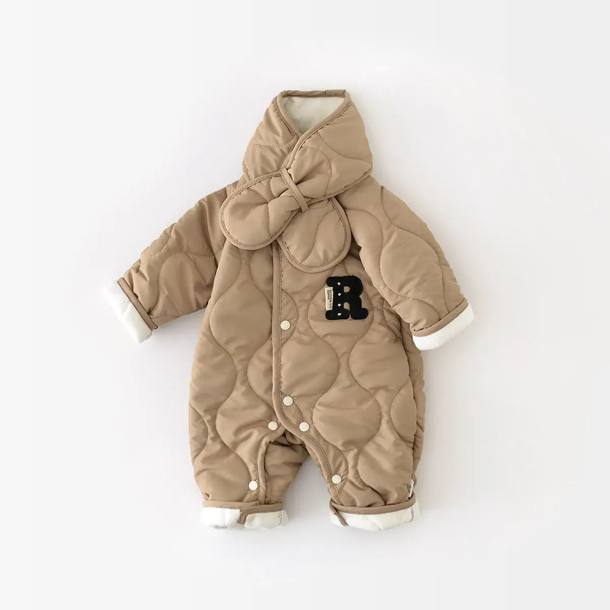 2025 Winter New Baby Fleece Warm Romper + Scarf Infant Boy Girl Cute Letter Jumpsuit Plus Velvet Thick Newborn Clothes 0-24M