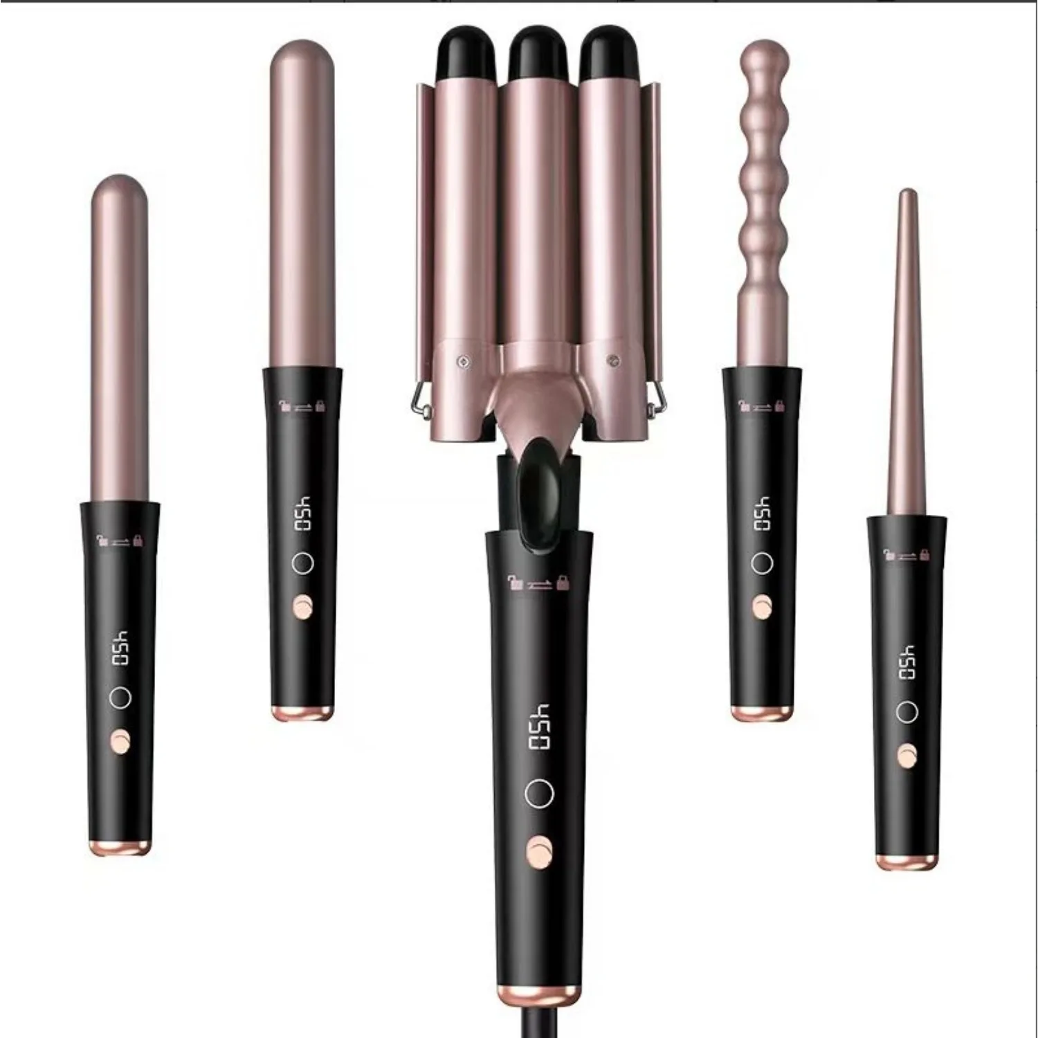 Five in one curling iron set with temperature display, 5 replaceable curling irons, suitable for all hair types (champagne gold)