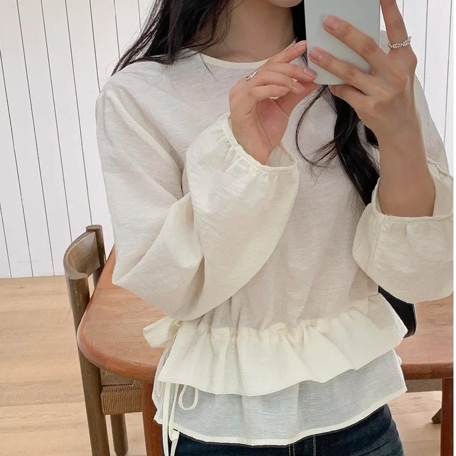 

Шикарная женская рубашка для ранней весны, двухслойный дизайн, завязки на талии, топ с цветочным кружевом, рукава-кимоно, корейский стиль