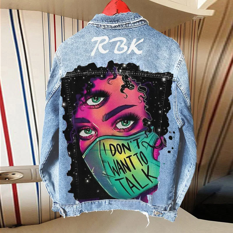 Denim Jacketautumn Stylewomen's New Hot Sale New Style Personalized Printing Denim Jacket Coat Wholesale Foreign Tradeone Piece