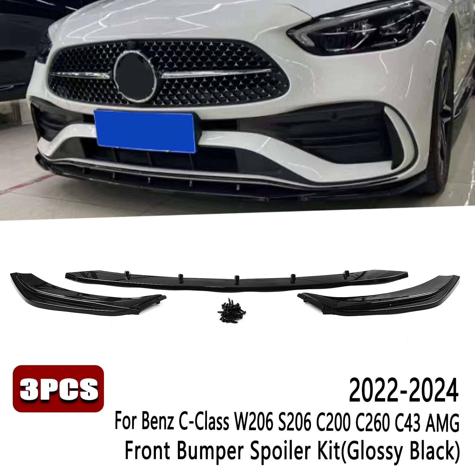 

For Mercedes Benz C Class W206 S206 C200 C260 C43 AMG 2022-2024 Carbon Fiber Look/Gloss Black Splitter Front Bumper Spoiler Lip