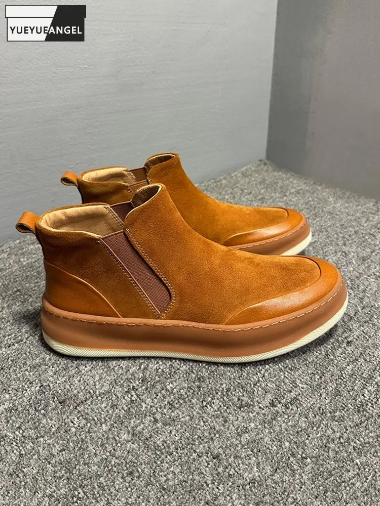 

British Style Male Cow Suede Leather Comfortable Chelsea Boots Round Toe Ankle Boots Genuine Leather Slip On Breathable Shoes