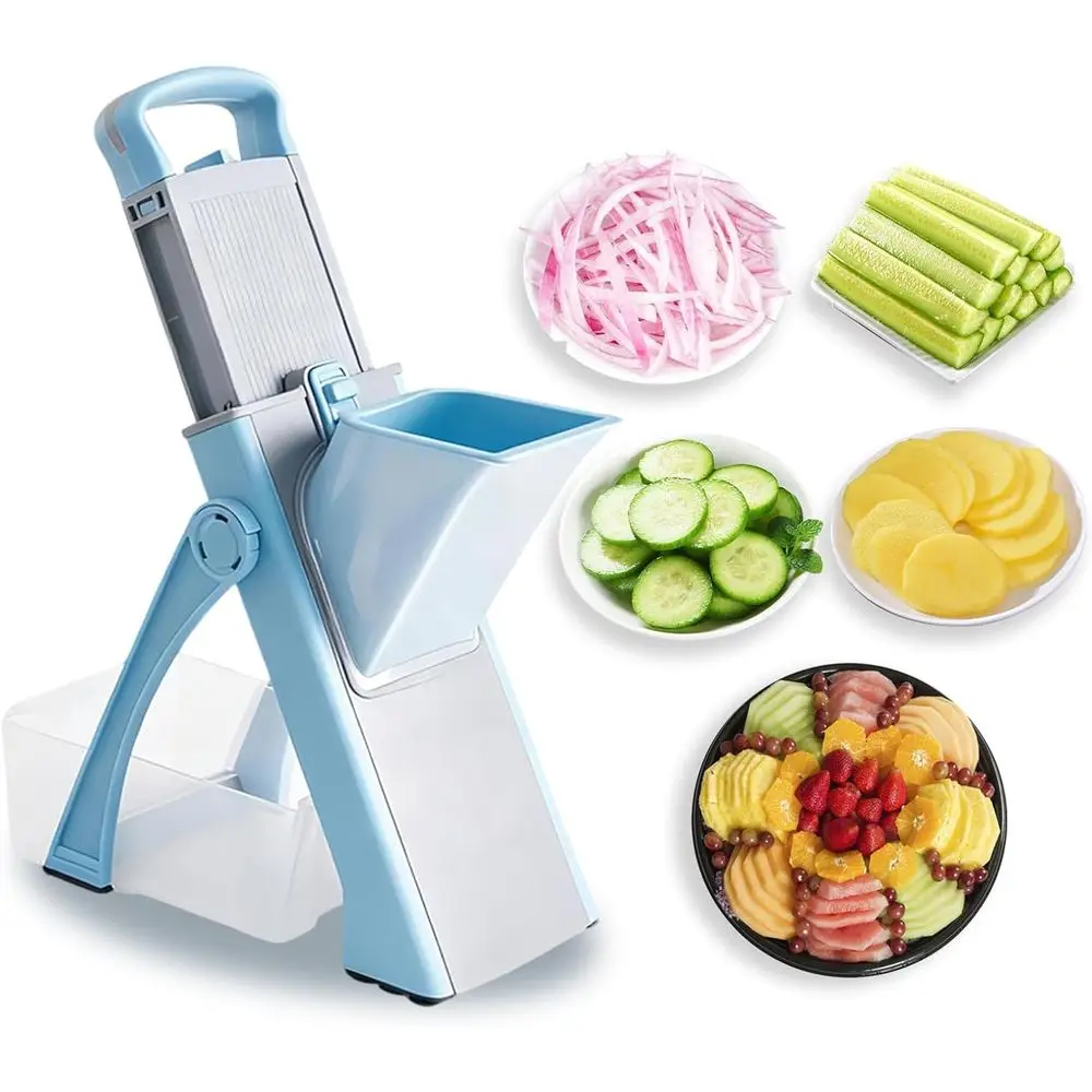 

Мандолина-слайсер Sae 8-в-1 – Регулируемая овощерезка и картофелерезка со съемной корзиной, лезвия из нержавеющей стали 420, складная или легко хранящаяся