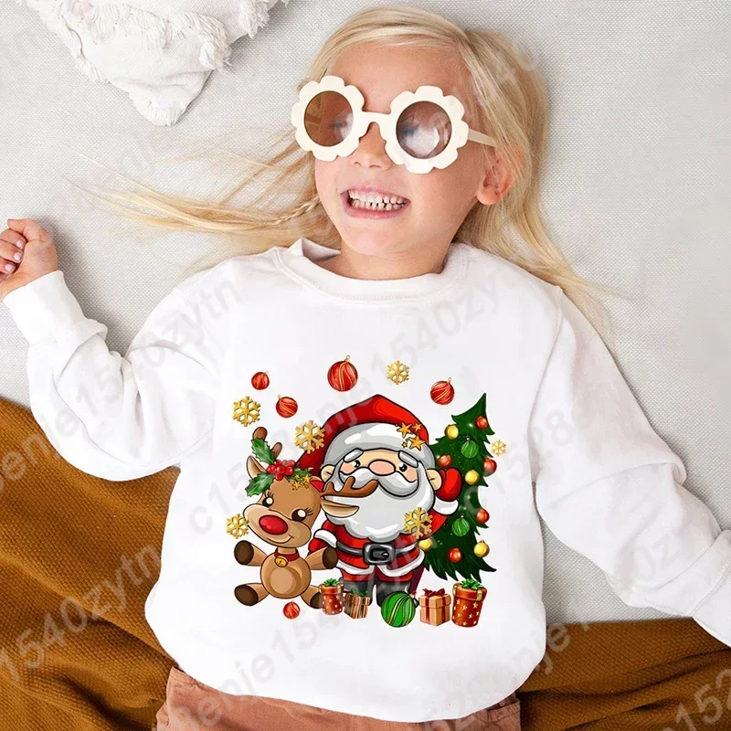 Cute Cartoon Santa Claus & Reindeer & Christmas Tree Graphic Print Sweatshirt, Girls Comfy Clothes For Christmas As Gifts