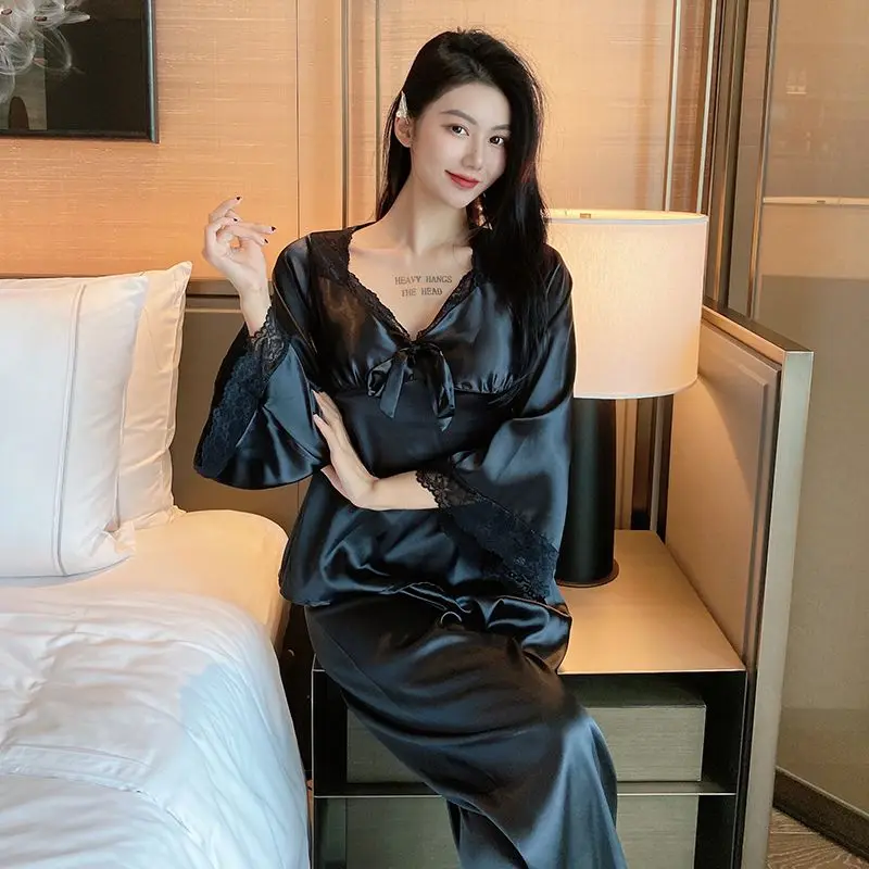 Korean Version Ice Silk Pajamas with Chest Pad Women Lace Long Sleeve Nightdress Sexy Plus Size Home Dress Lacework Bow Pyjamas