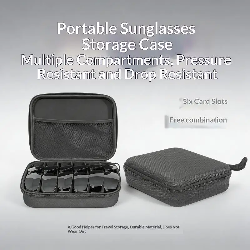 4/5/6/7/8 Compartments Adjustable Glasses Organizer, Portable Black Storage Bag Case For Travel, Sturdy Dividers Eyewear Box