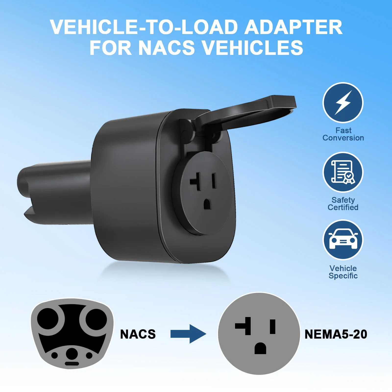 

Unirise EV Car Tesla Portable Discharge 20A 110v-240v NEMA 5-20 Socket for USA Hyundai Kia Electric Vehicle NACS V2L Adapter