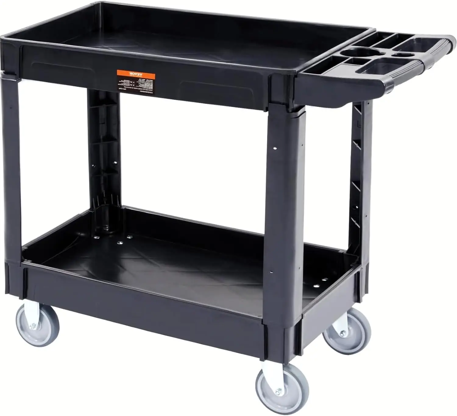 Utility Service Cart, 2 Shelf 550LBS Heavy Duty Plastic Rolling Utility Cart, Medium Lipped Shelf, 360° Swivel Wheels, Ergonomic Storage Handle for Warehouse Garage, Black | Heavy Duty Rolling Cart with 360° Swivel Wheels