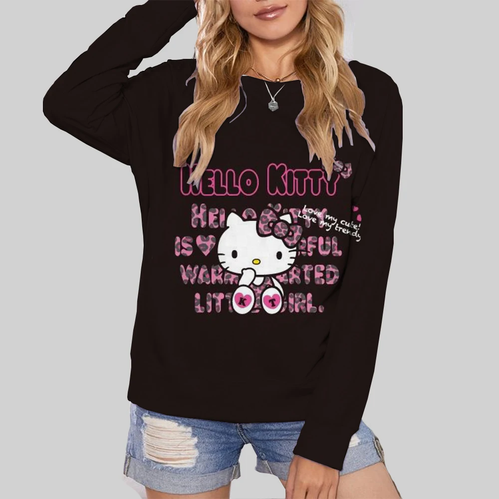 Hello Kitty Cartoon Anime Women Pullover Spring Autumn Men Round Neck Hoodie Clothes 2024 New Fashion Couple Sweatshirt Tops