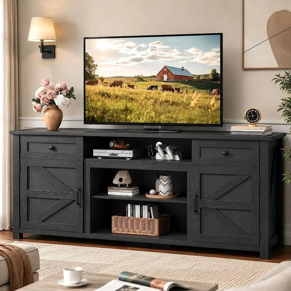 

75/70 Inch TV Stand with Storage and Power Outlet, Adjustable Shelf Entertainment Center for Living Room, Black