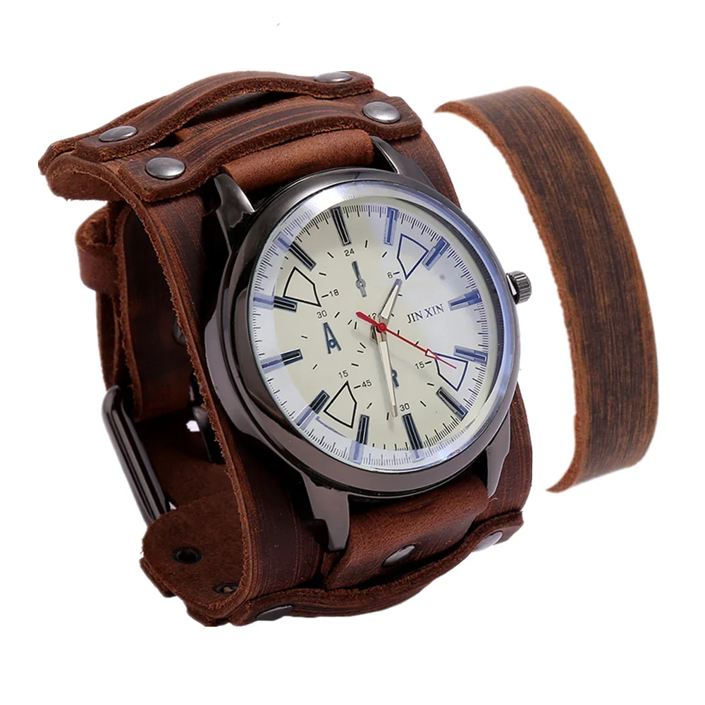 Top Luxury Mens Watch Bracelet Quartz Big Dial Clocks Vintage Punk Style Sport Brown Leather Strap Male Gifts Relojes Hombre