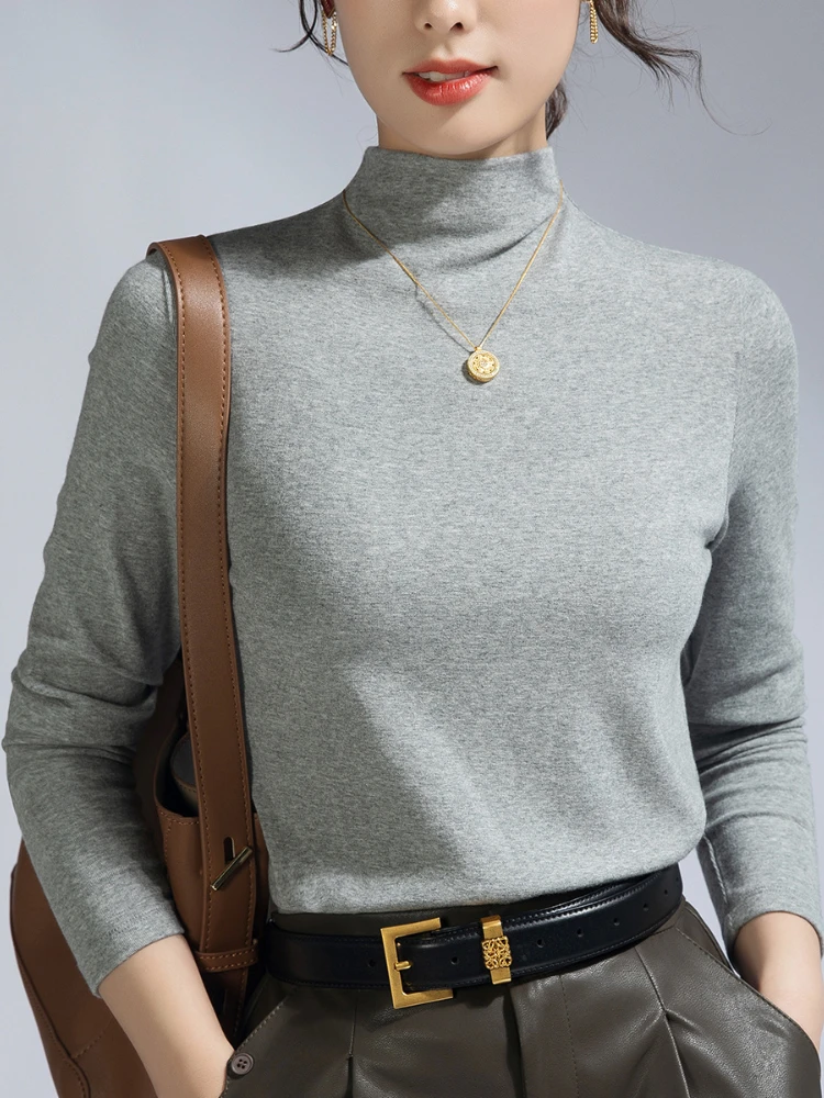 T-shirt à manches longues col haut pour femmes 2025 Nouveau printemps et automne mode haut basique (M-3XL) haut Y2k