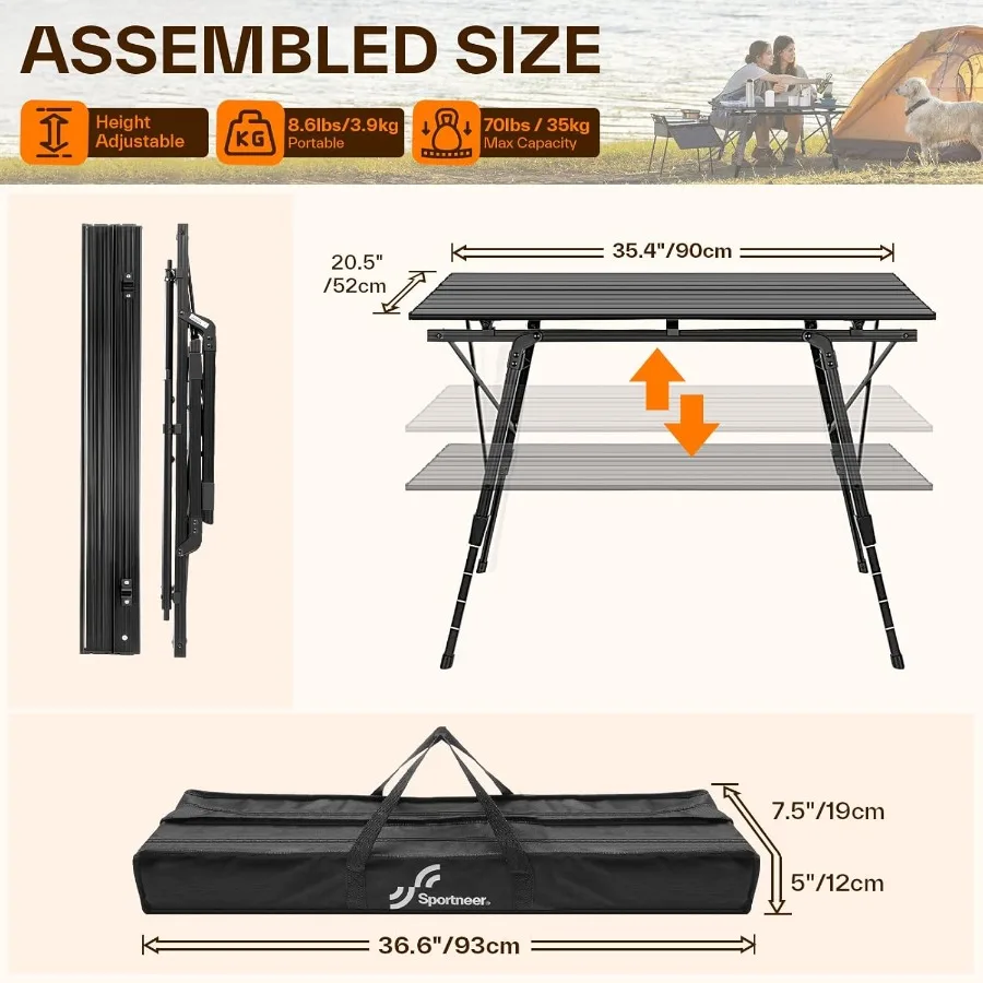 35.4''x20.5'' Adjustable Height Aluminum Folding Camping Table with Top Mesh Layer for Outdoor Use Compact RollUp Design Ideal