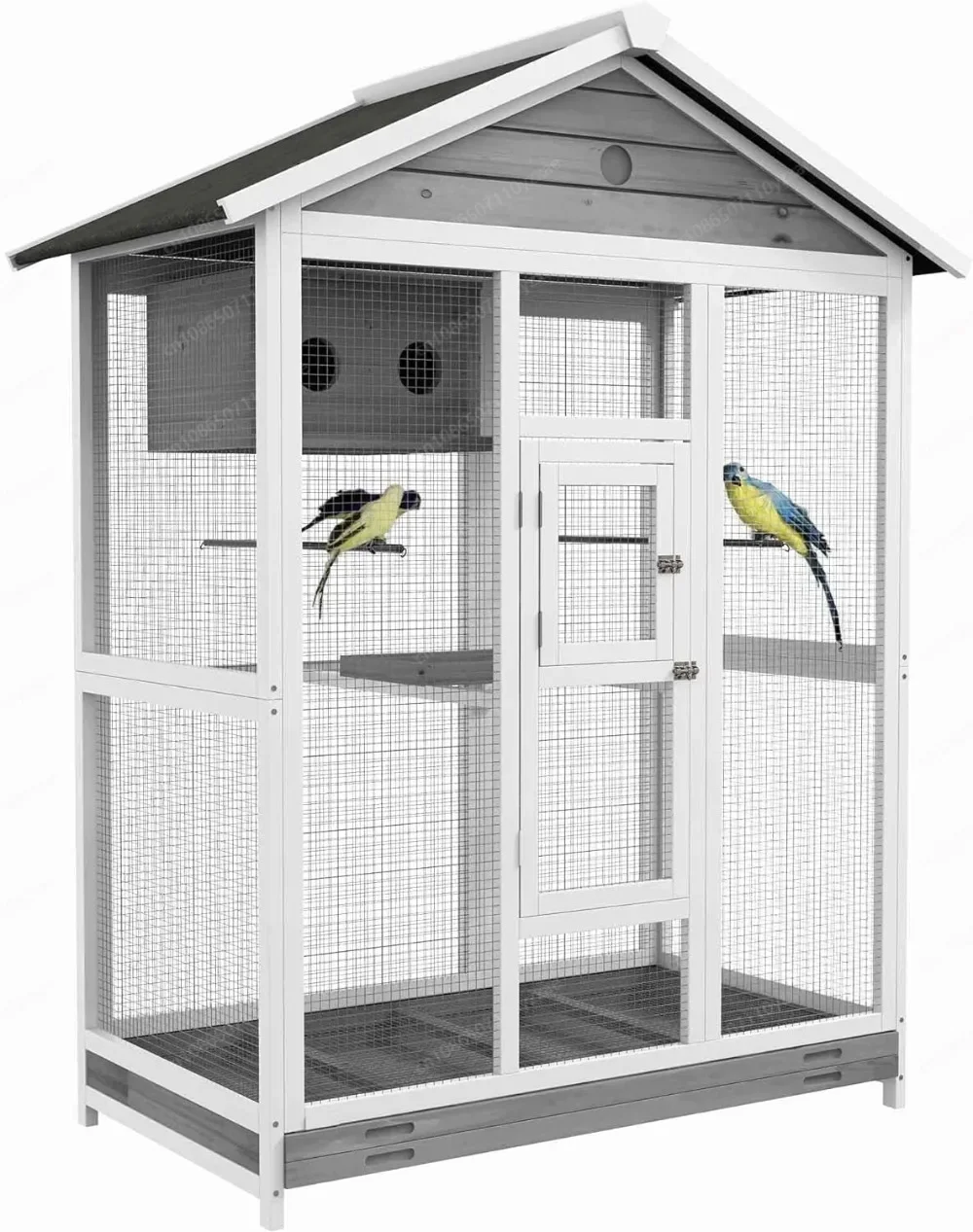 Wooden Bird Cage Aviary Flight Cage with 4 Perches Nest and Slide-Out Tray for Indoor/Outdoor Gray Bird Cage