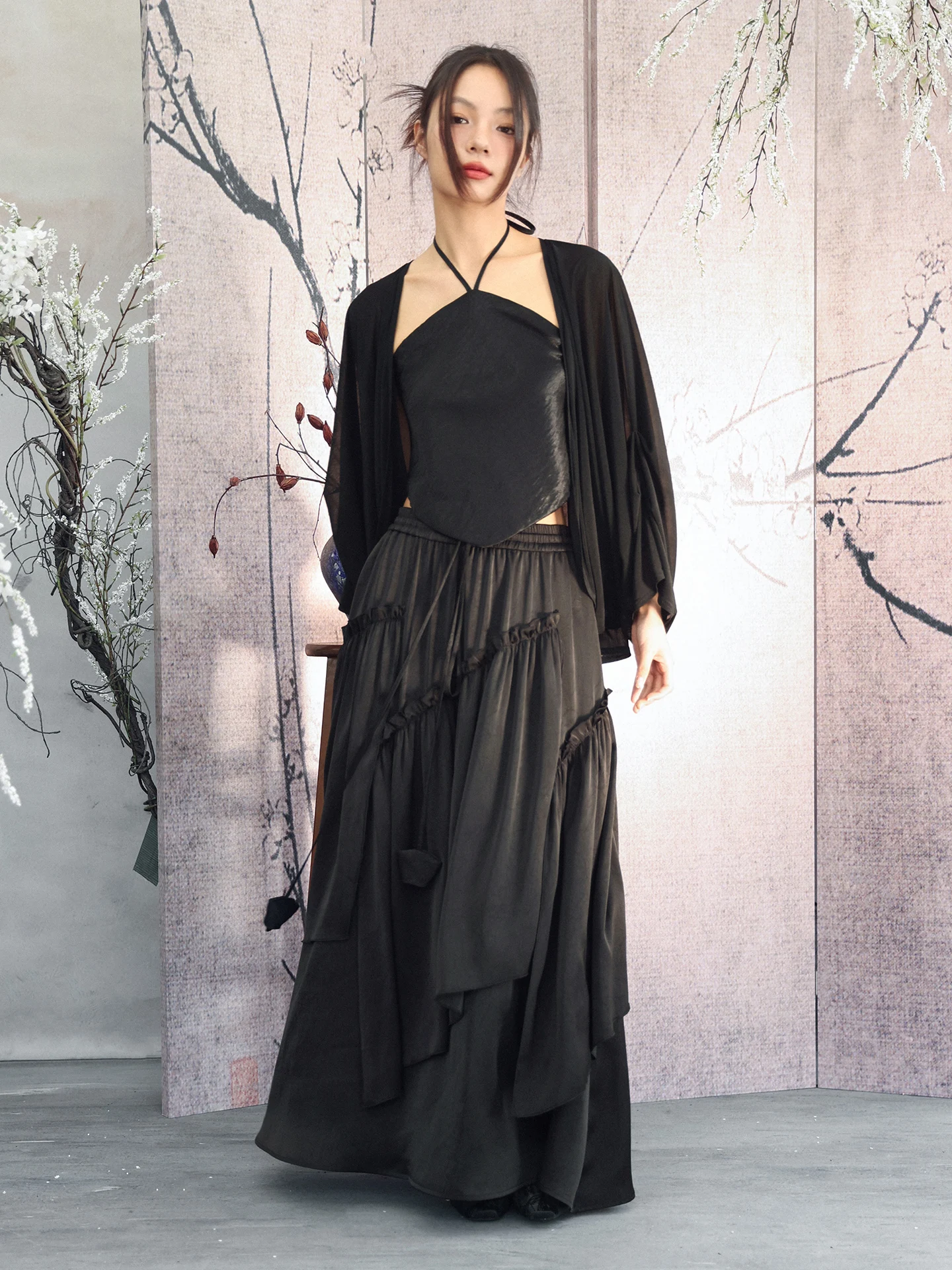 

Romantic Dark Romantic Half-length Skirt Women's Style Spring A-line Polyester Satin Wood-grain Breathable High-waist Skirt