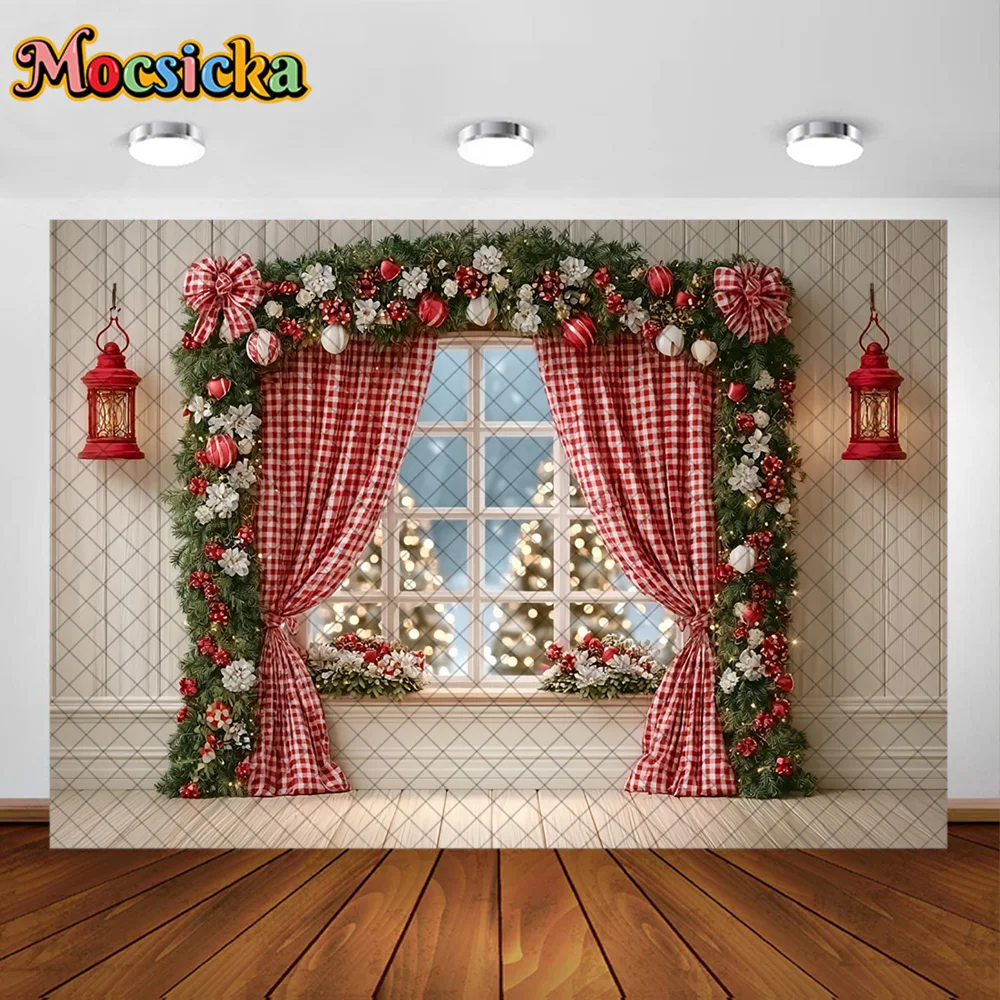 Mocsicka Photography Background Christmas Curtain Wreath Window Decoration Family Xmas Holiday Party Portrait Photo Studio Props