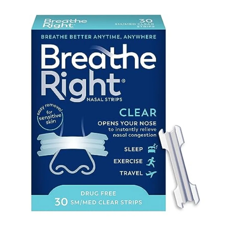 

Breathe Right Nasal Strips, Clear Small/Medium Nose Strips, Snoring, Nasal Congestion, Deviated Septum, Allergies, 30 Ct Packag