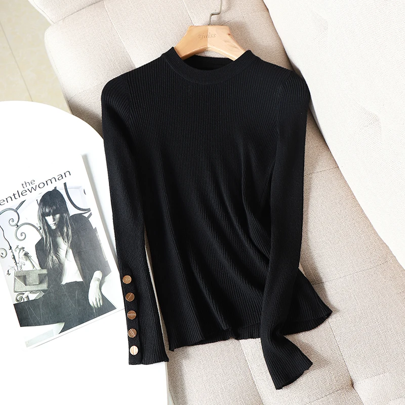 Casual Autumn Winter Women Thick Sweater Pullovers Button Long Sleeve O-neck chic Sweater Female Slim Knitted Soft Jumper Tops