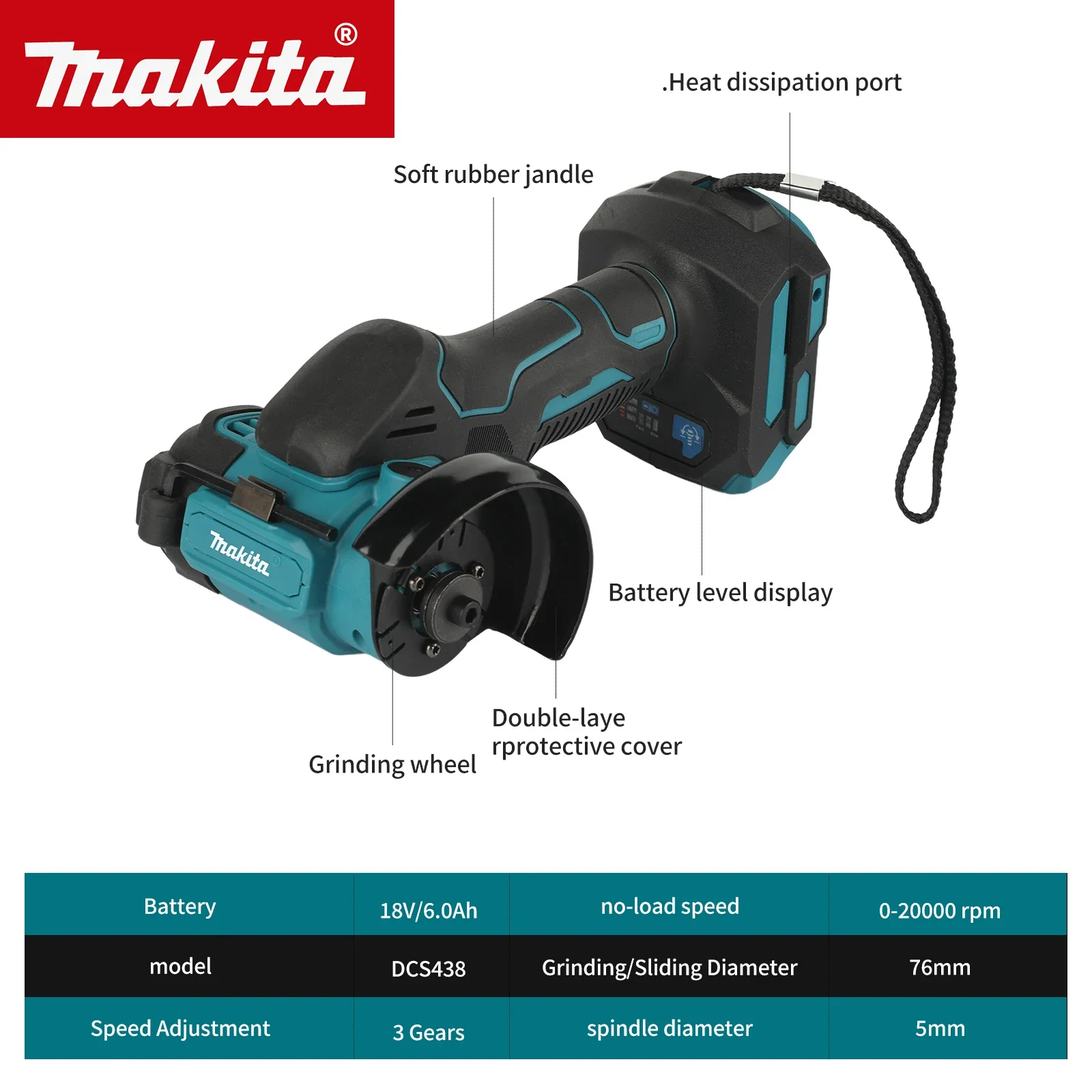 DCS438 Cordless Mini Angle Grinder Brushless Motor 3-Speed Control For Metal Cutting Polishing Tools For Makita 18v Battery Pins