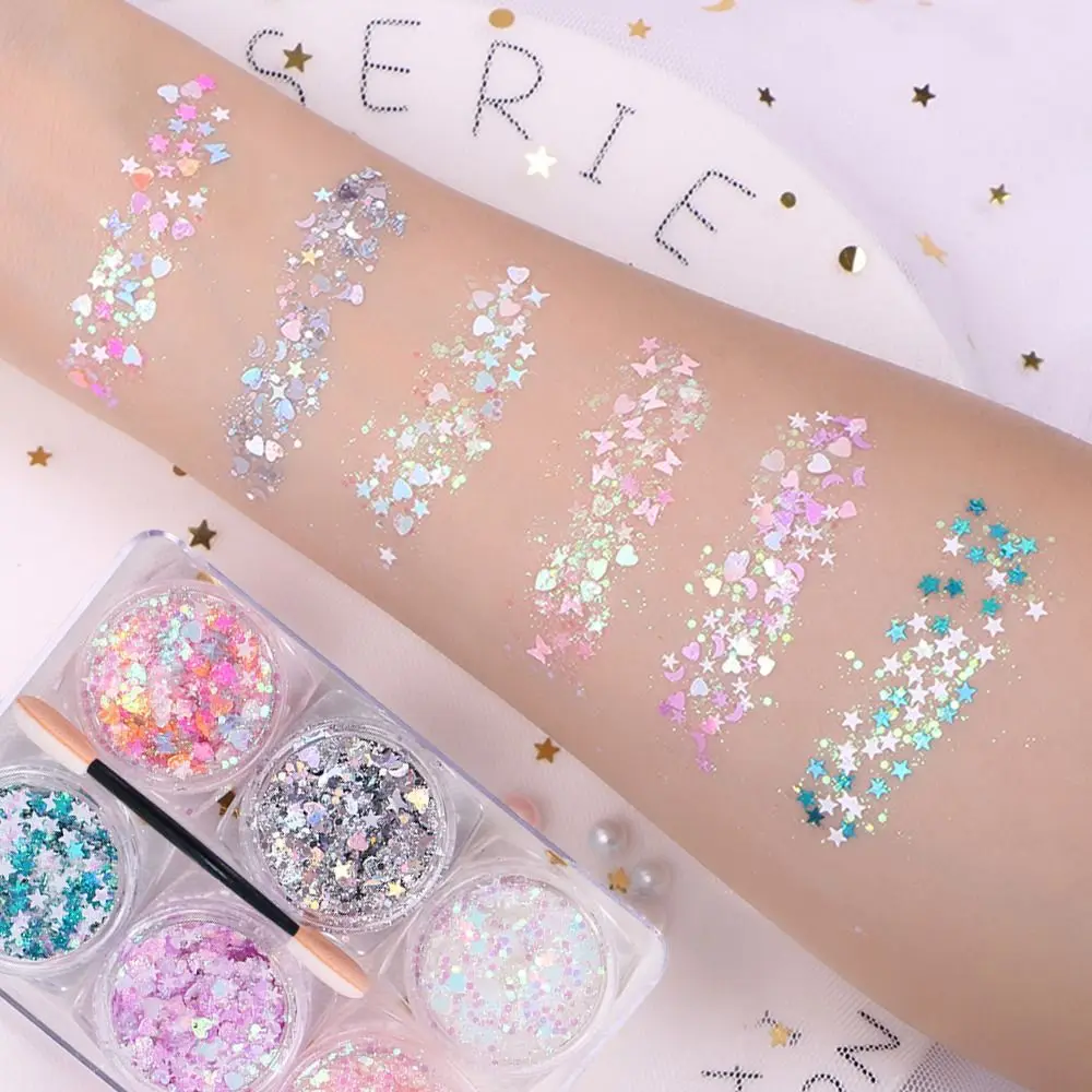 6Jars/Set Cute Colorful Eyeshadow Glitter Gel Stage Face Hair Heart Star Moon Sequins No Glue Required Festival Makeup