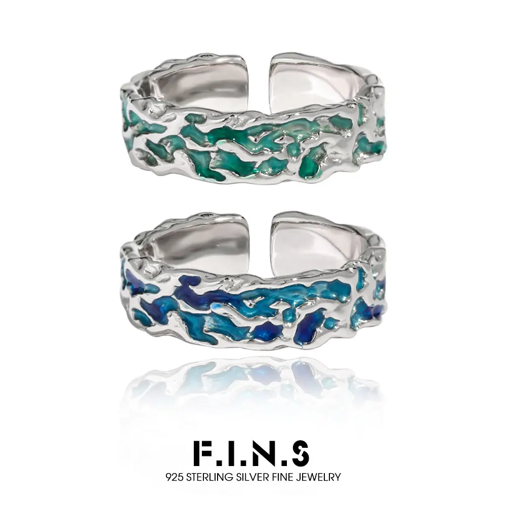 

F.I.N.S Mint Drop Glaze Irregular S925 Sterling Silver Ring Texture Uneven Green Blue Enamel Open Adjustable Finger Fine Jewels