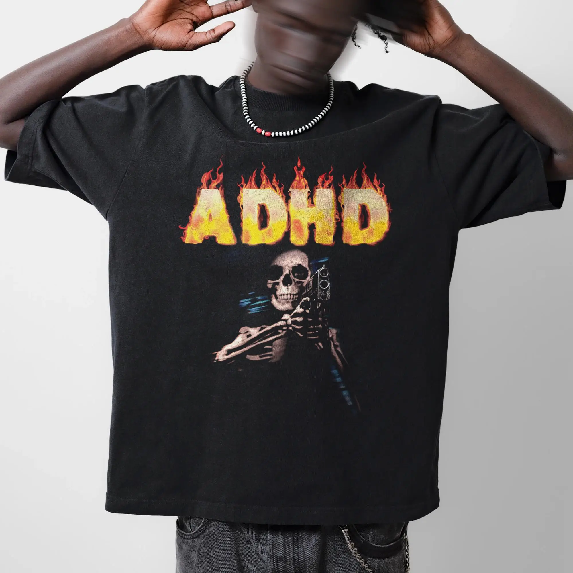 Funny ADHD Skeleton Graphic Tee Overstimulated Meme Shirt Summer Men's and Women's Loose and Breathable T-shirt Top