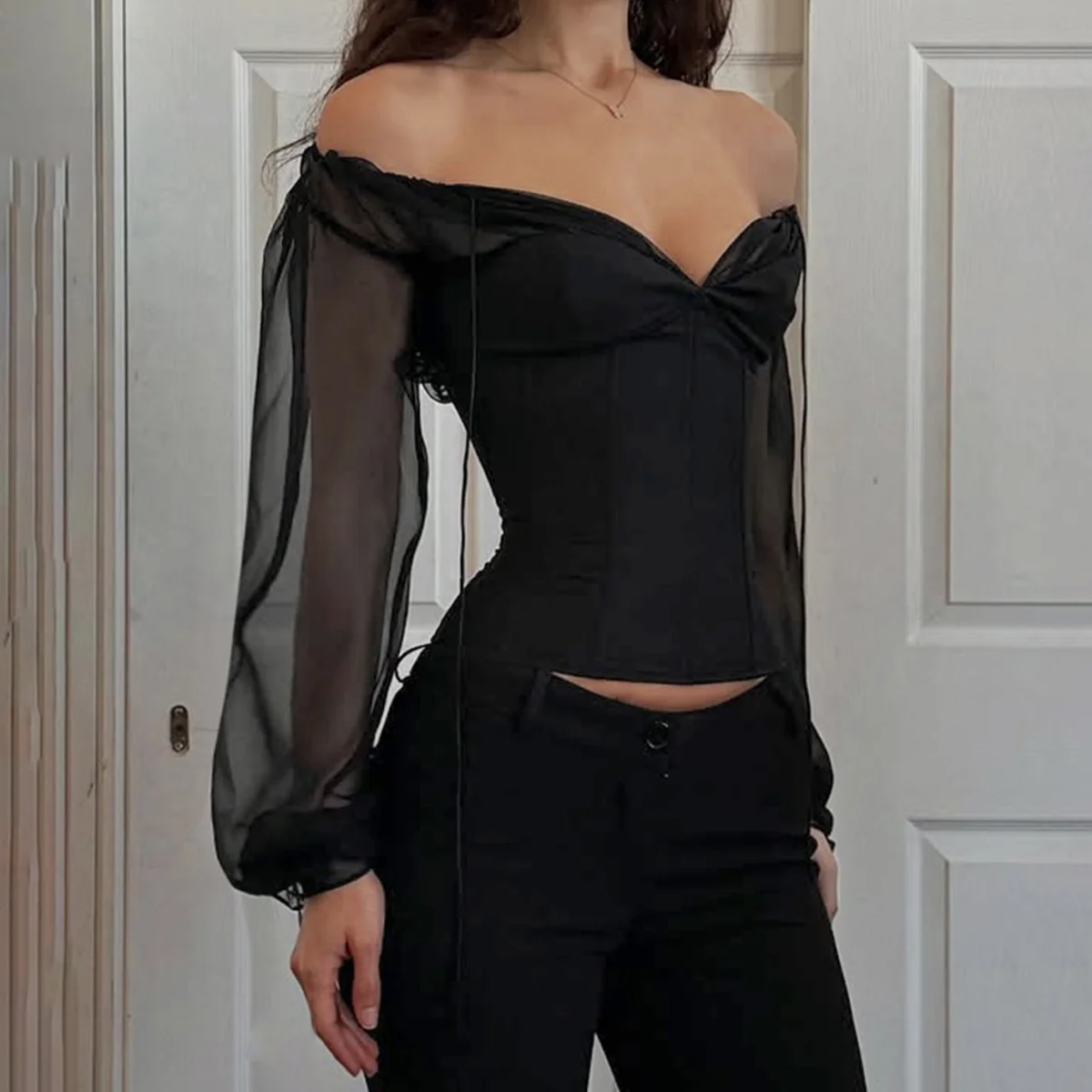 Chiffon Flared Long Sleeve Tops Autumn Sexy Women T-shirt Fashion Corset Party Bustier High Street Slim Camisole Casual Tank Top