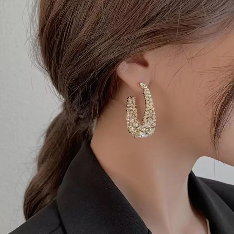 Trendy Crystal C-Shaped Earrings Women's Rhinestone Wedding Party Pendant Earrings Fashion Korean Jewelry Earrings