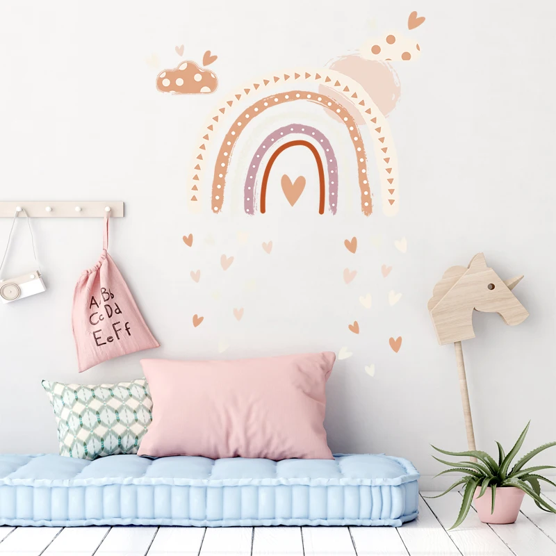 Boho Style Rainbow Heart Shape Wall Stickers for Kids Room Baby Nursery Wall Decals Couds Home Decorative Stickers for Furniture