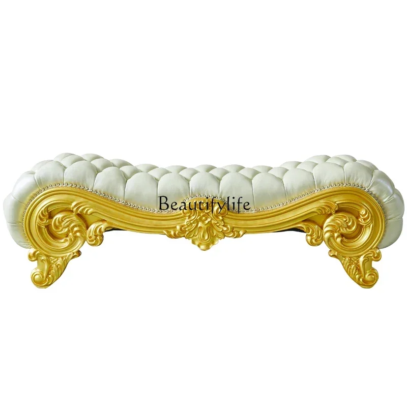 

European style bedside stool American villa gold solid wood carving flower master bedroom changing shoes bedside sofa benchL