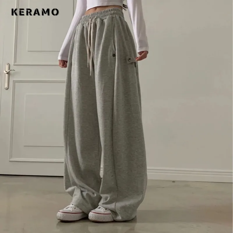 South korea Chic  Diagonal Buckle Design Sense Elastic Waist Versatile Commuter Sweatpants Casual Trousers