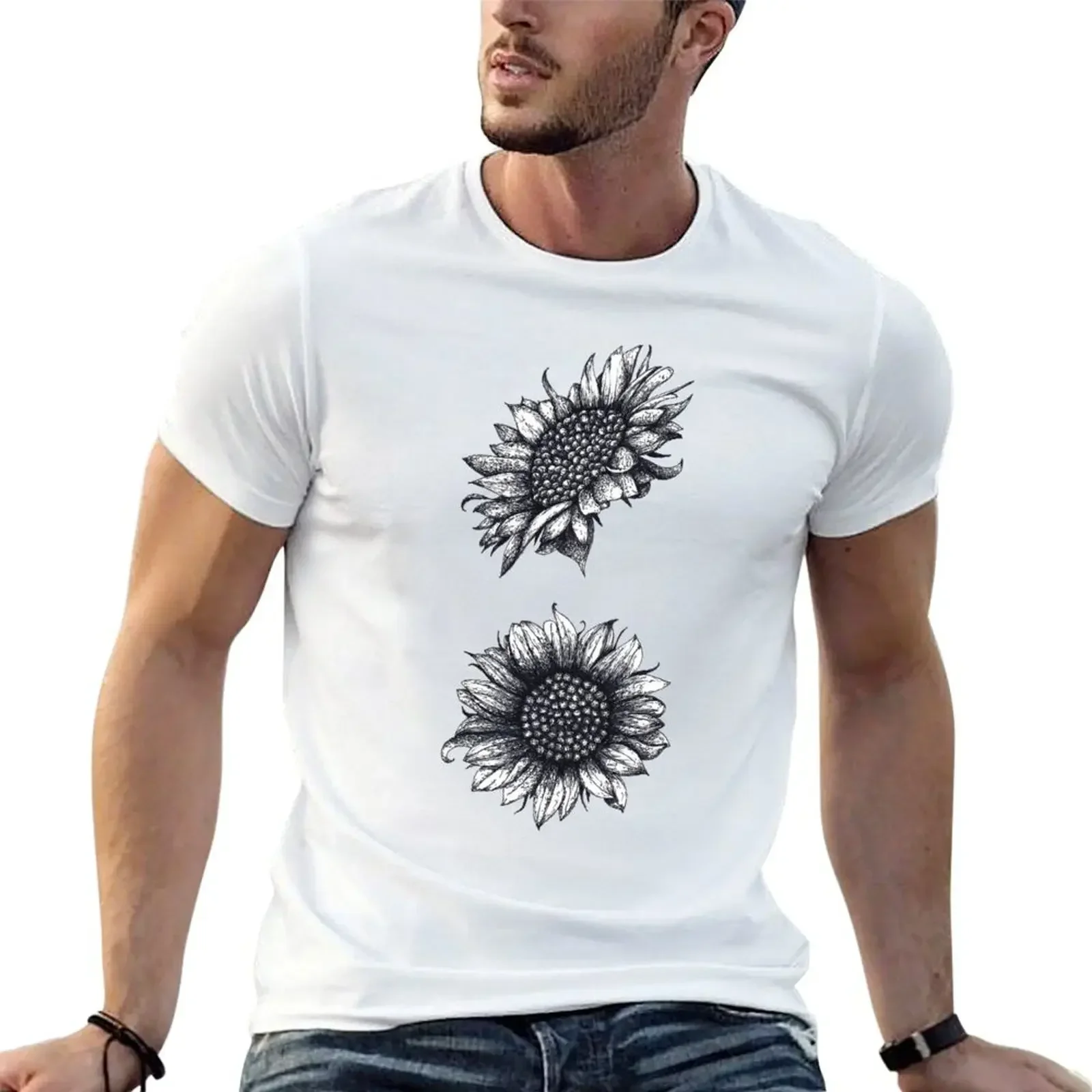 Black White Sunflowers T-Shirt baggy shirts man clothes customs design your own t shirt men