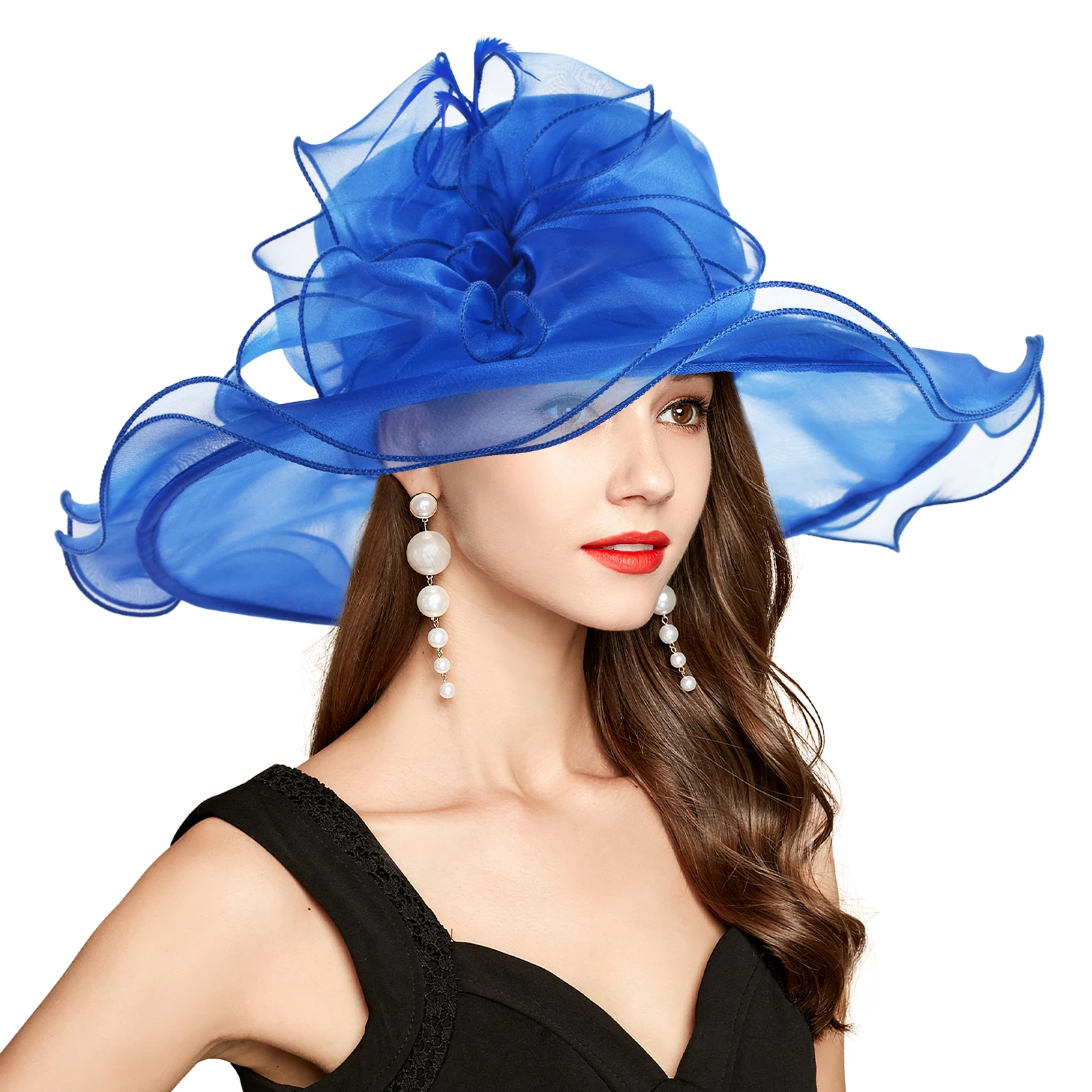 

Women Elegant Organza Church Hat Wide Brim Kentucky Derby Fascinator Wedding Tea Party Dress Hat 4570