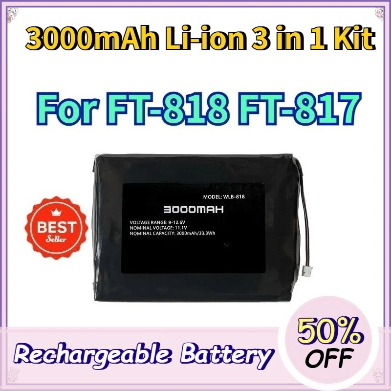 Upgrade 3000mAh 11.1V Walkie Talkie Battery Kit for YAESU FT-818 FT-817 Lithium Power Pack 3 in 1 with Charger High-Performance