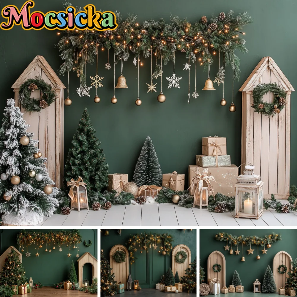 Vintage Green Wall Christmas Photography Backdrop Wooden Cabin Xmas Tree Garland Bell Snowflake Gift Boxes Background Props